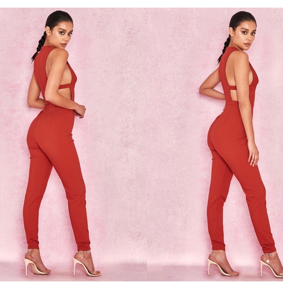 House Of CB, 'Alexis' Rust Extreme Plunge Crepe Jumpsuit - Picture 4 of 11
